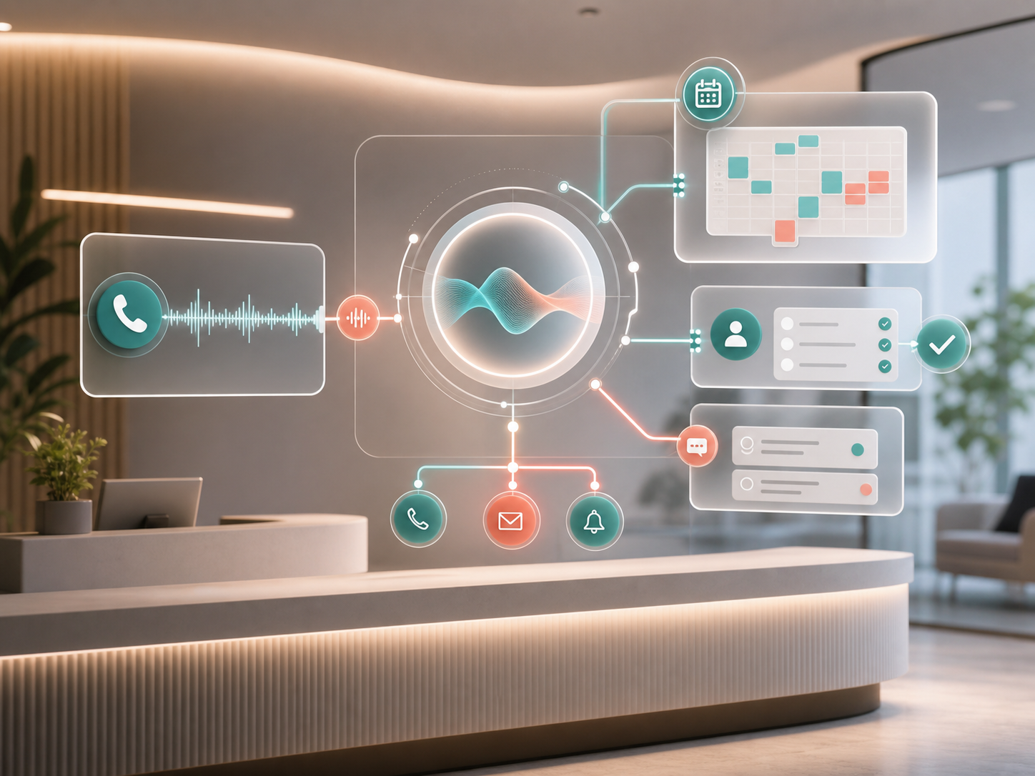AI reception workflow with calls, calendar, messaging, and routing icons
